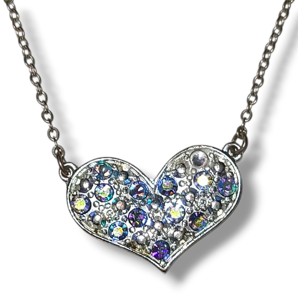 Vintage '90S Y2K Aurora Borealis Rhinestone Heart Pendant Necklace Silver Tone
